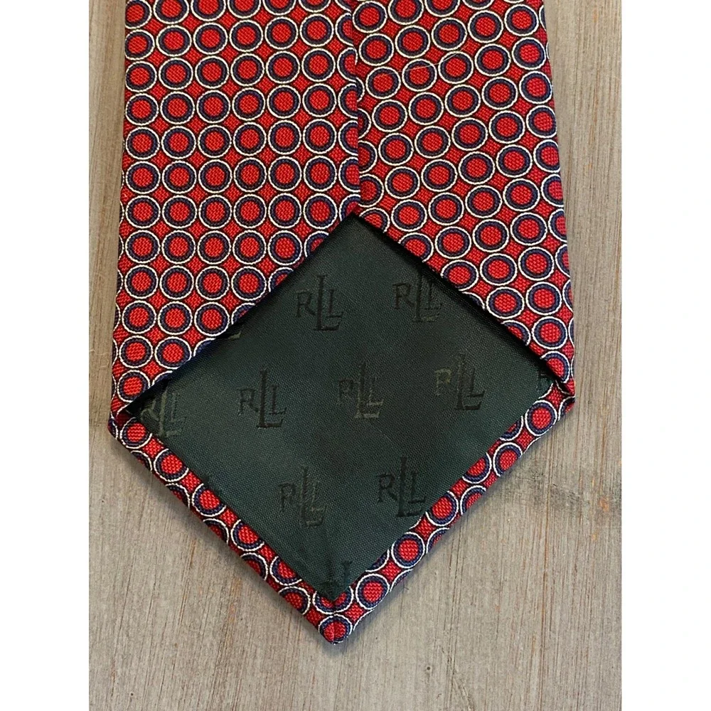 Lauren Ralph Lauren Mens Red Navy Blue Geometric Circle Silk Necktie Made in USA